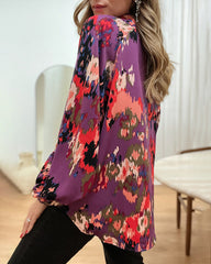 Bubble Sleeve Lapel V Neck Print Chiffon Shirt