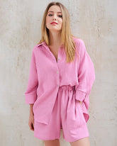 2 Piece Outfits Solid Color Loose Long Sleeve Button-Down Shirt High Waisted Shorts Set