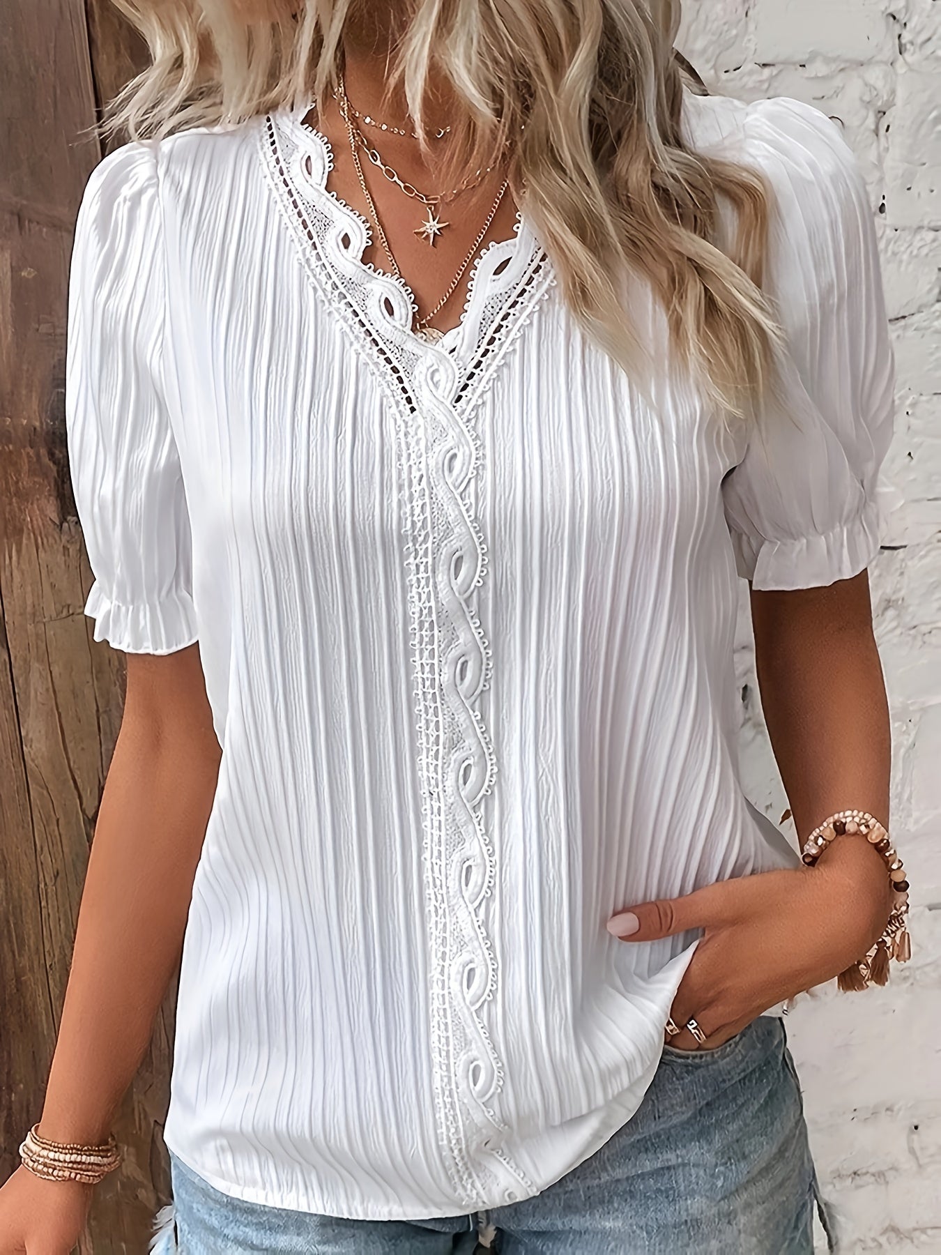 Plus Size Elegant Blouse, Women's Plus Solid Contrast Lace Ribbed Puff Sleeve V Neck Shirt Top