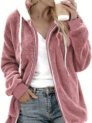 Plus Size Cute Coat, Women's Plus Colorblock Zip Up Long Sleeve Drawstring Hooded Teddy Coat