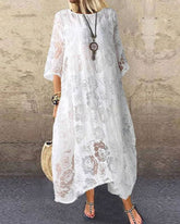 3/4 Sleeve Floral Lace Mesh Crew Neck Long Dress