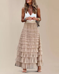 A-Line Patchwork Mesh Cake Skirt Casual Solid Color High Waist Loose Ruffled Pleated Long Tulle Skirt