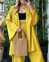 Casual Comfort Set Loose Cardigan Top & High-Waist Wide-Leg Pants with Pockets