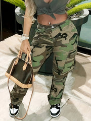 Camo Print High Waist Straight Pocket Stretch Pants