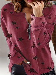 Plus Size Casual Top, Women's Plus Star Print Zip Up Long Sleeve Round Neck Slight Stretch Top