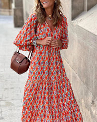 Breathable Lantern Sleeve Floral Print Long Dress Loose V-Neck Fashion Summer Beach Dress
