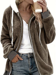 Plus Size Cute Coat, Women's Plus Colorblock Zip Up Long Sleeve Drawstring Hooded Teddy Coat