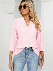 V-Neck Pleated Casual Loose Medium Sleeve T-Shirt