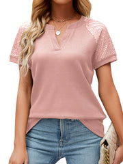 Solid Color Lace Hollow V-Neck Ruffle Sleeve Casual T-Shirt