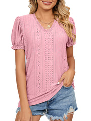 Solid Color Lace Stitching Hollow V-Neck T-Shirt