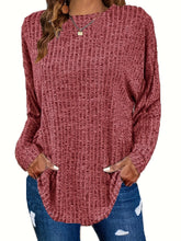 Plus Size Casual Sweater, Women's Plus Solid Ribbed Long Sleeve Round Neck Knit Top