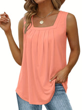 Plus Size Casual Tank Top, Women's Plus Solid Square Neck Pleated Medium Stretch Tank Top