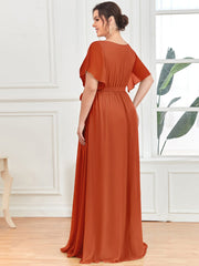 Plus Size Ruffle Pleated Chiffon Tie-Waist Evening Dress