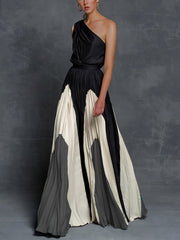 Elegant One Shoulder Colorblock A Line Prom Dress