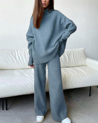 2-Piece Garment Knit Turtleneck Pullover Wide Pants Tracksuit Sweater Set