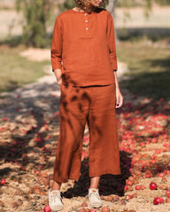 Casual Button Long Sleeve Solid Color Round Neck Tops and Pockets Pants Set