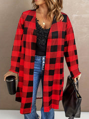 Plus Size Casual Coat, Women's Plus Gingham Print Long Sleeve Open Front Cardigan