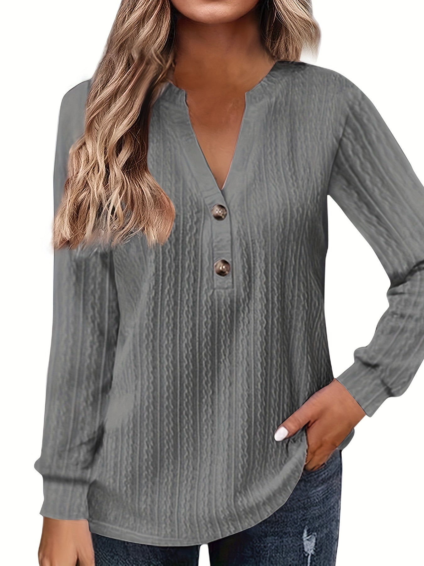 Plus Size Casual Top, Women's Plus Solid Cable Long Sleeve Button Decor V Neck Slight Stretch Top