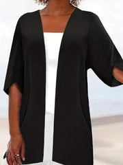 Plus Size Casual Coat, Women's Plus Solid Half Sleeve Open Front Loose Cardigan