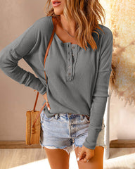 Casual Long Sleeve T-Shirt Button Up V Neck Ribbed Knit Tunic Top