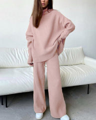 2-Piece Garment Knit Turtleneck Pullover Wide Pants Tracksuit Sweater Set