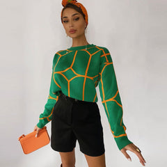 Pattern Crew Neck Long Sleeve Sweater - Green