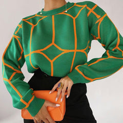 Pattern Crew Neck Long Sleeve Sweater - Green