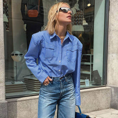 Print Shoulder Pad Long Sleeve Shirt - Blue