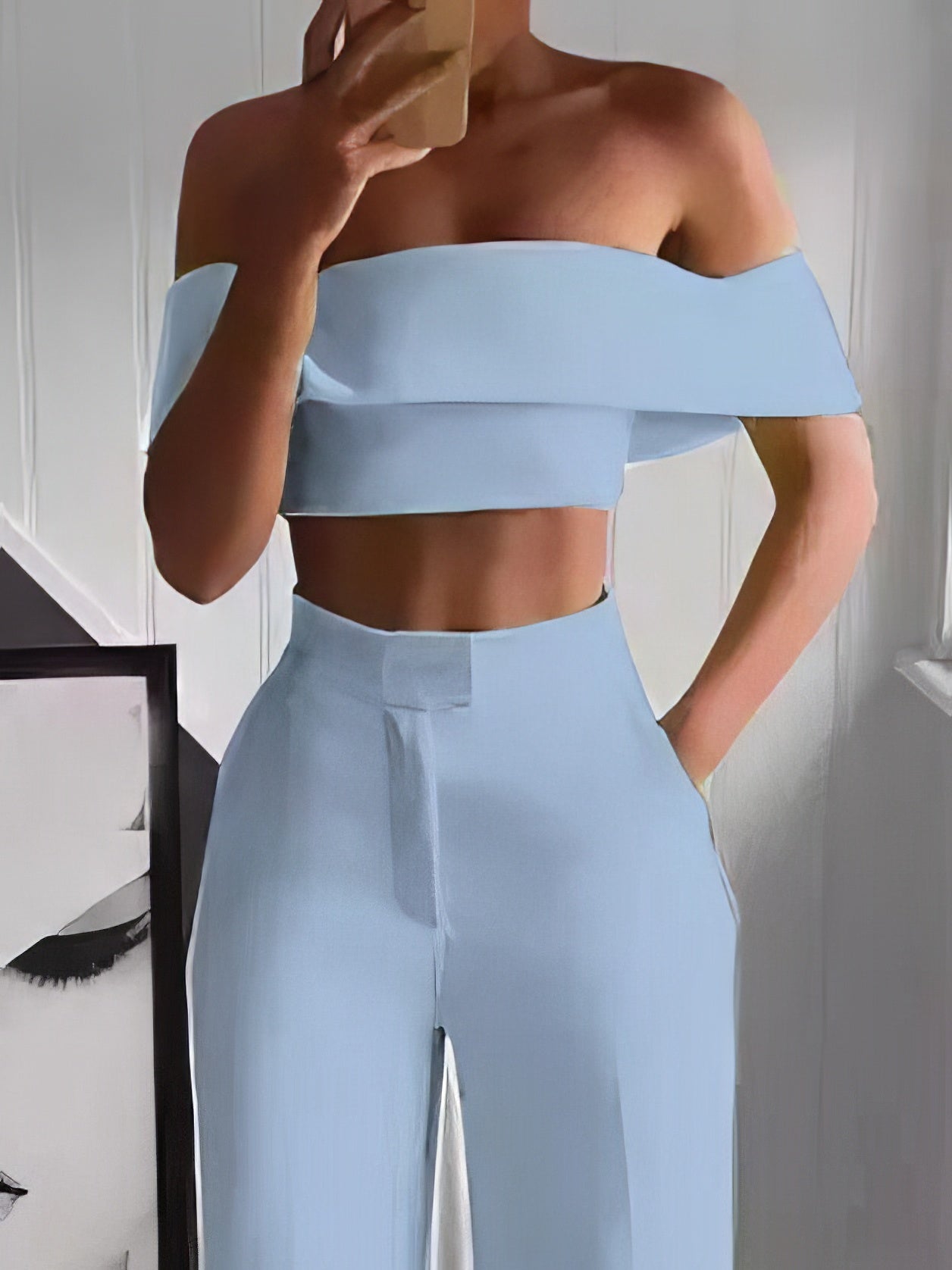 One-Shoulder Crop Top & Mopping Pants Two-Piece Suit