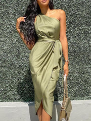 One Shoulder Ruched Slit Dress