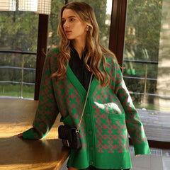 Print V Neck Long Sleeve Ribbed Cardigan - Pink Green