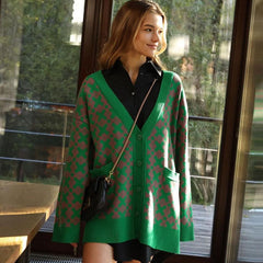 Print V Neck Long Sleeve Ribbed Cardigan - Pink Green