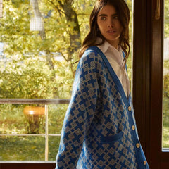 Print V Neck Long Sleeve Ribbed Cardigan - Blue