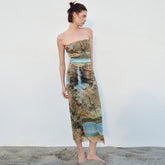 Painterly Printed Ruched Mesh Split Trim Strapless Midi Dress - Green