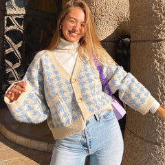 Preppy Houndstooth V Neck Long Sleeve Cardigan - Blue