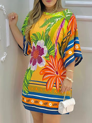 Tropical Print Half Sleeve Casual Dress