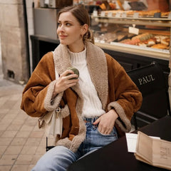 Vintage Patch Pocket Long Sleeve Shearling Jacket - Brown