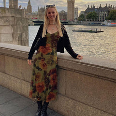 Vintage Floral Print Chiffon V Neck Slip A-line Maxi Dress - Green