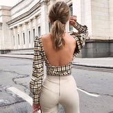 Vintage High Neck Bishop Sleeve Crop Plaid Blouse - Yellow