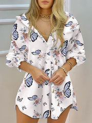 Commuting Lapel Printed V-Neck Long Sleeved Button Blouse