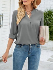 Solid Color Loose Chiffon V-Neck Long Sleeve Blouse