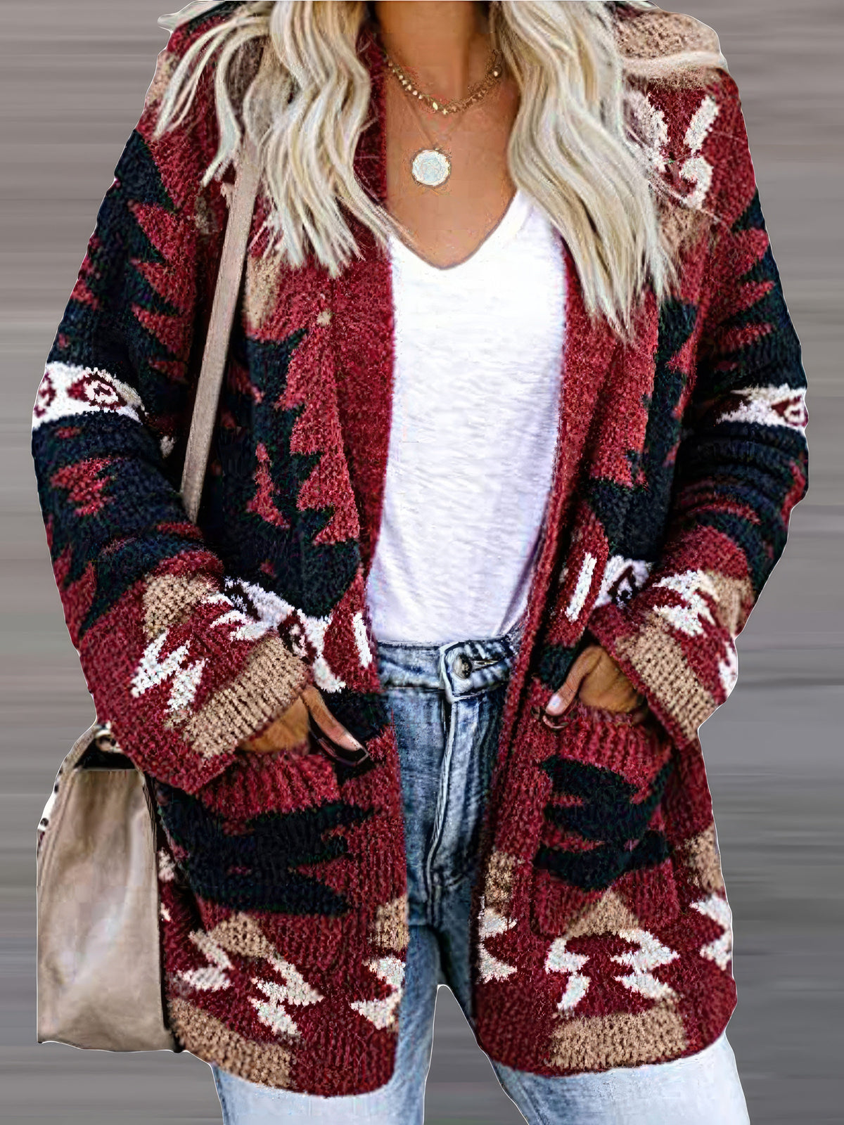 Printed Pocket Casual Long Sleeve Knitted Cardigan