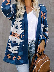 Printed Pocket Casual Long Sleeve Knitted Cardigan