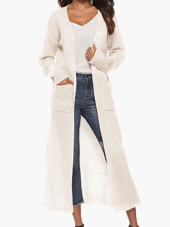 Solid Pocket Slit Long Sweater Cardigan