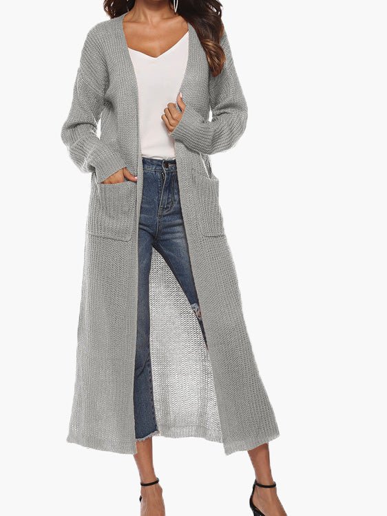 Solid Pocket Slit Long Sweater Cardigan