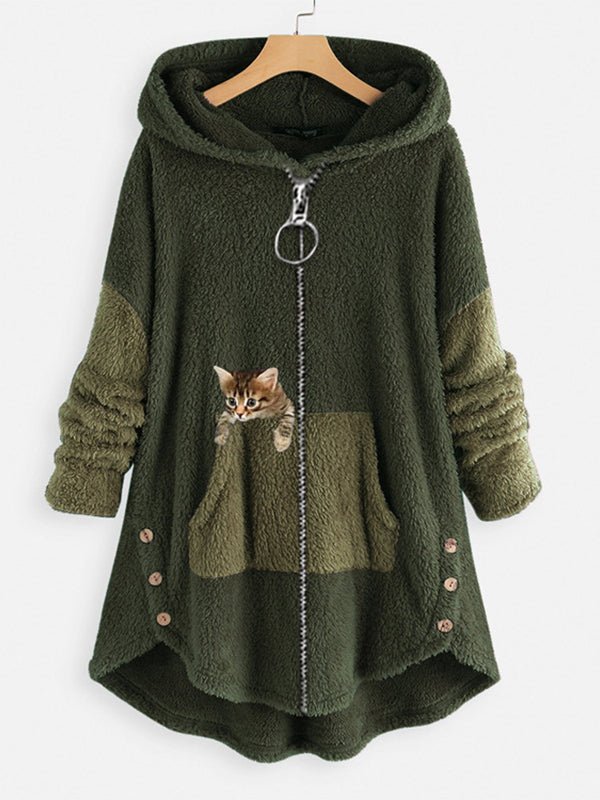 Cute Hooded Zipper Cat Printed Coat