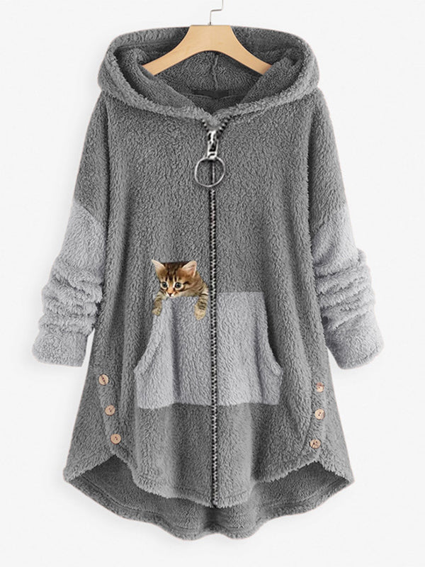 Cute Hooded Zipper Cat Printed Coat