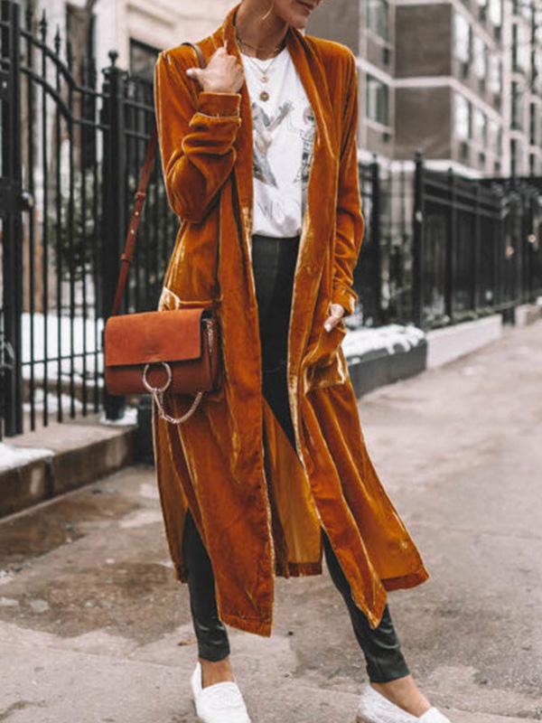 Women's Coats Loose Gold Velvet Long Sleeve Long Cardigan Coats