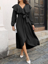 Ruffle V-Neck Solid Color Split Long Sleeve Midi Dress