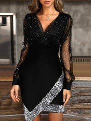 V Neck Irregular Mesh Panel Mini Dress